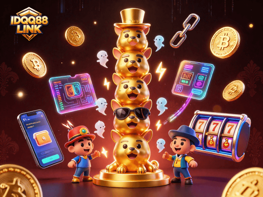 Engage in thrilling gaming with IDQQ88 LINK, featuring dynamic 3D casino illustrations and crypto coins.