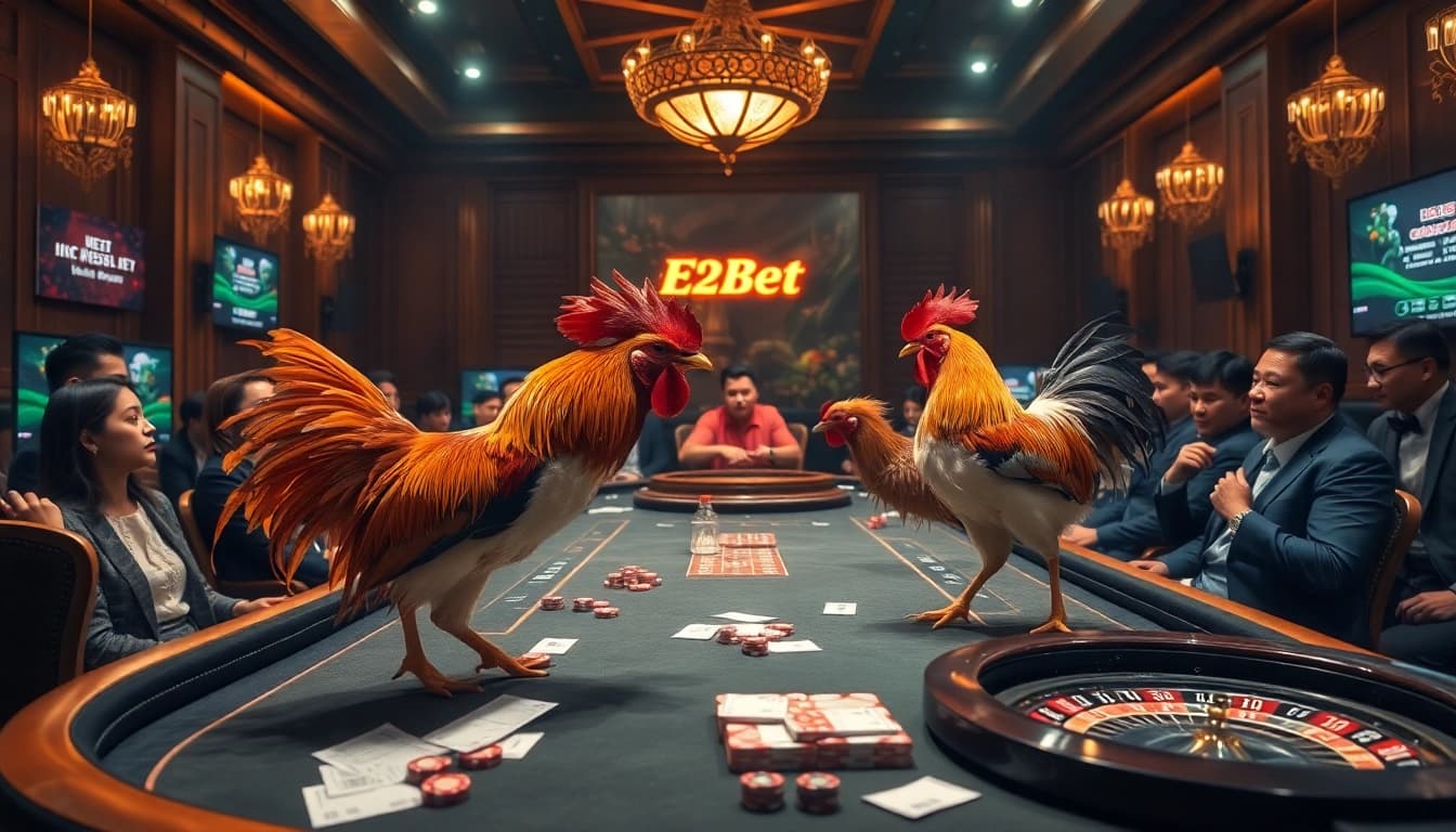Engaging Đá gà E2BET scene showcasing a high-stakes betting atmosphere with exciting live cockfighting.