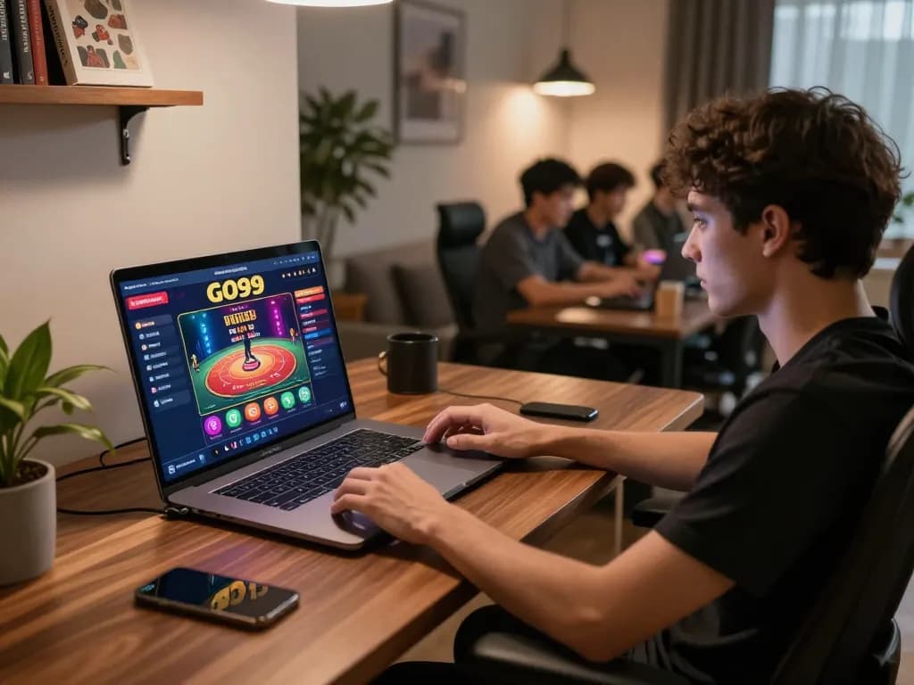 Engaging players enjoy GO99 online casino gaming in a stylish home office setup.