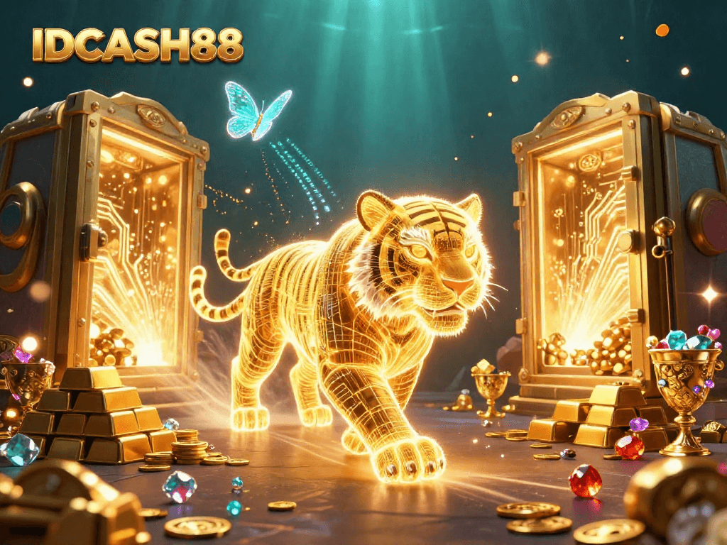 Experience the thrill of IDCASH88 with a vibrant 3D scene of a glowing tiger amidst a wealth of games.