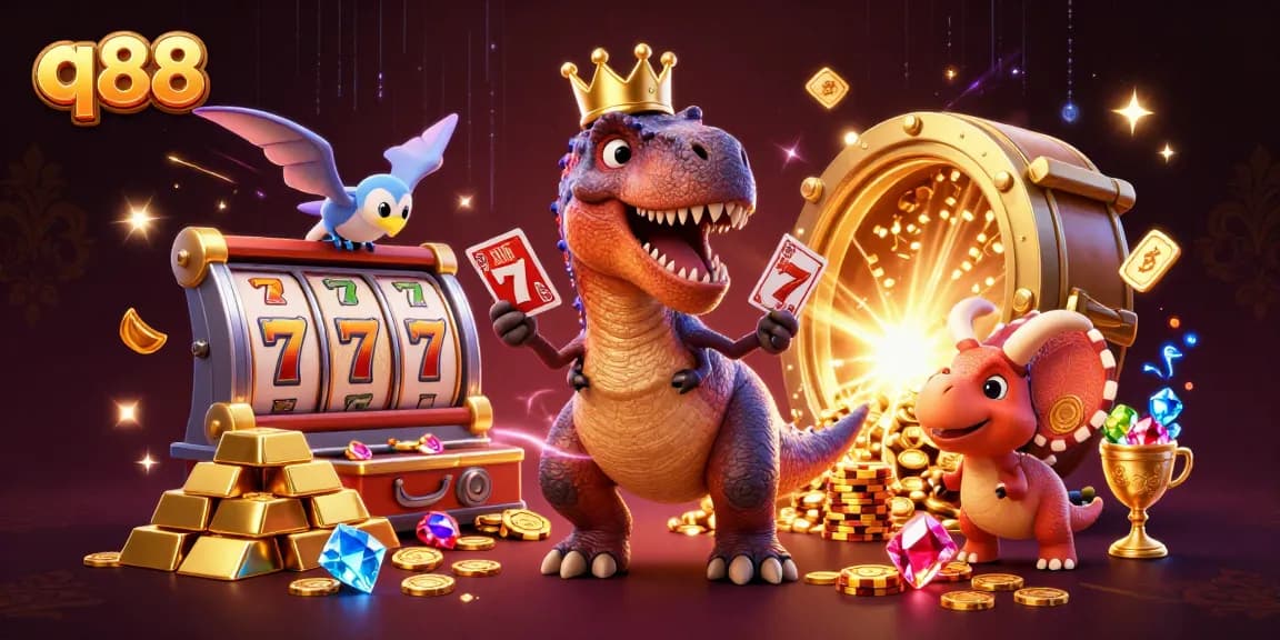Experience thrilling slots at q88 with vibrant T-Rex, pterodactyl, and triceratops characters celebrating wins.