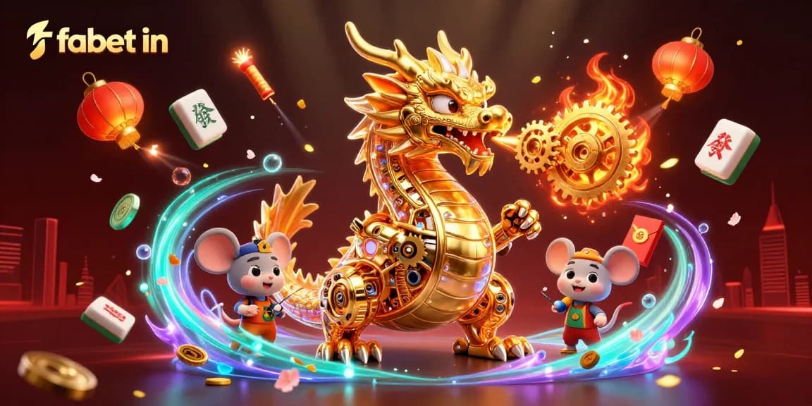 Engage with fabet in an immersive scene of a golden dragon, game elements, and festive decorations.
