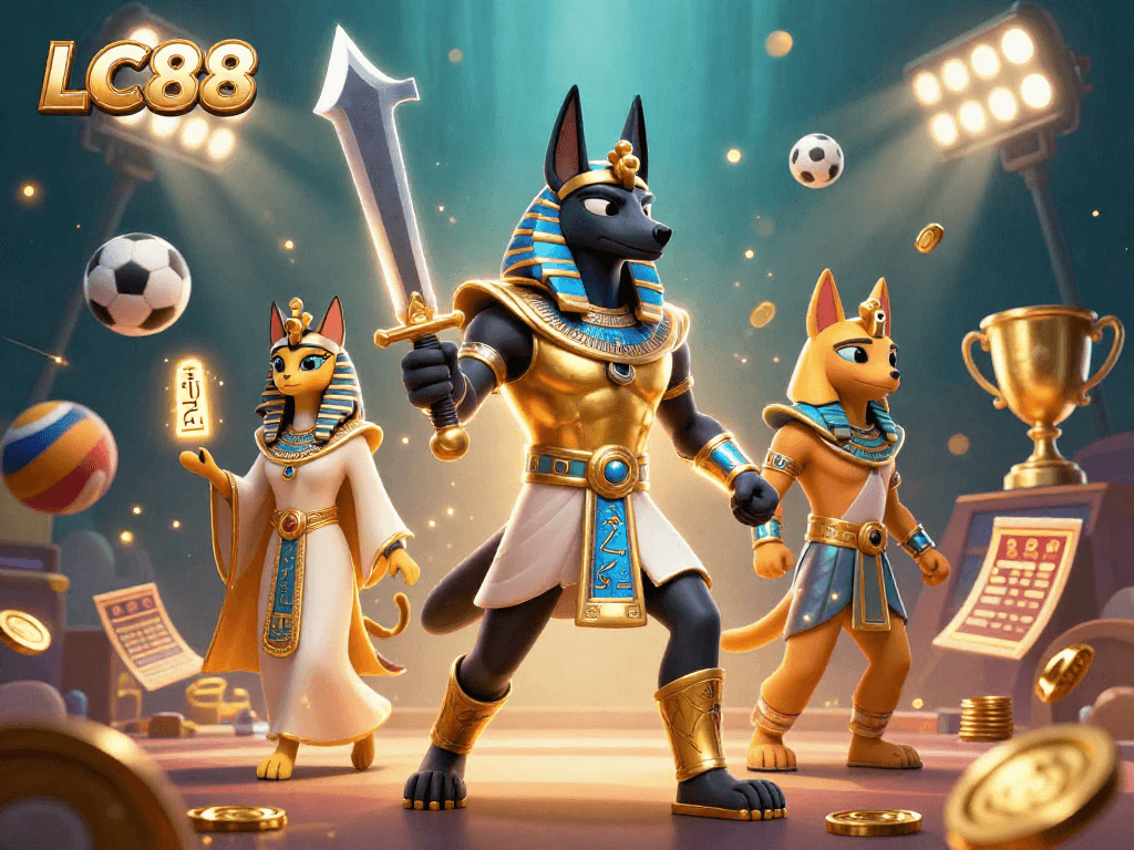 LC88 features an epic scene with Anubis and Bastet, highlighting thrilling online gambling action.