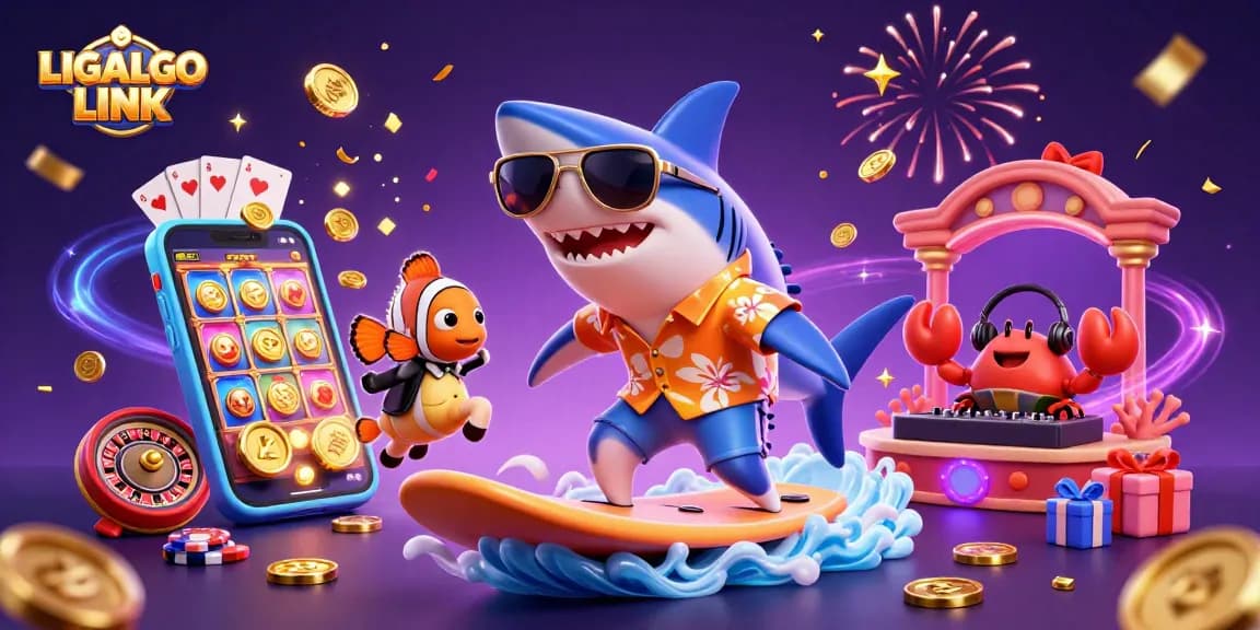 LIGALGO LINK celebrates online gaming with a dynamic scene featuring a shark surfing coins and colorful slot reels.