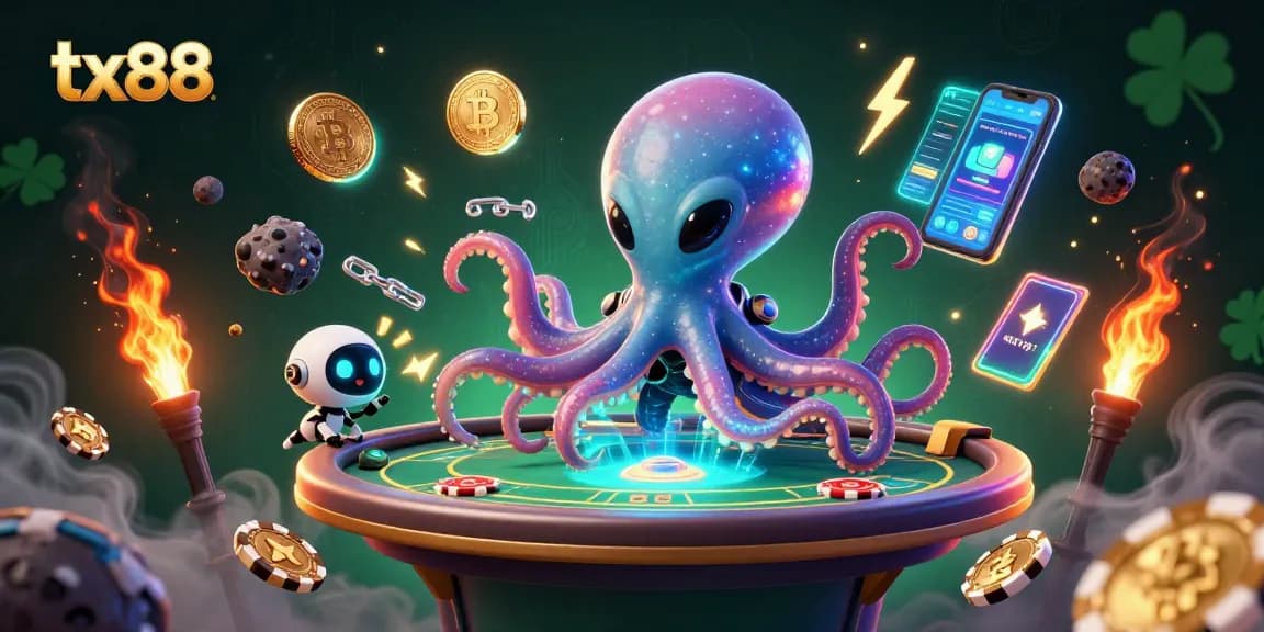 Engage with tx88 featuring a space-themed poker scene with an alien octopus and cryptocurrency elements.