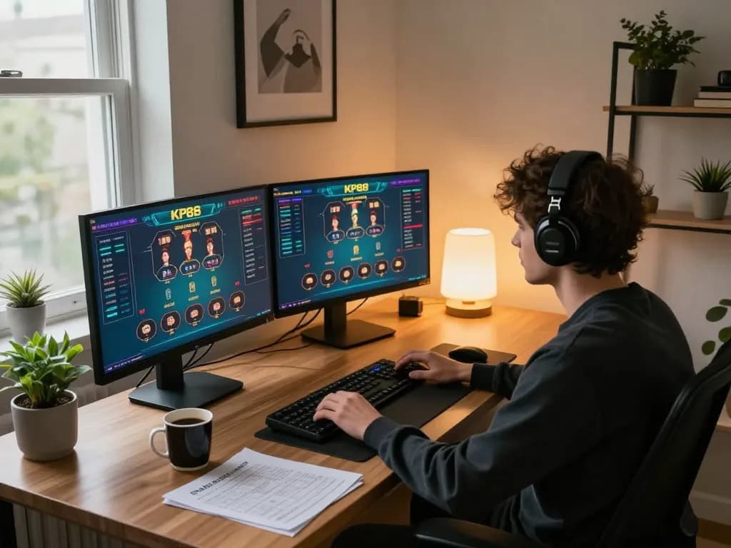 Engaging player betting on KP88 online casino from a stylish home office setup.