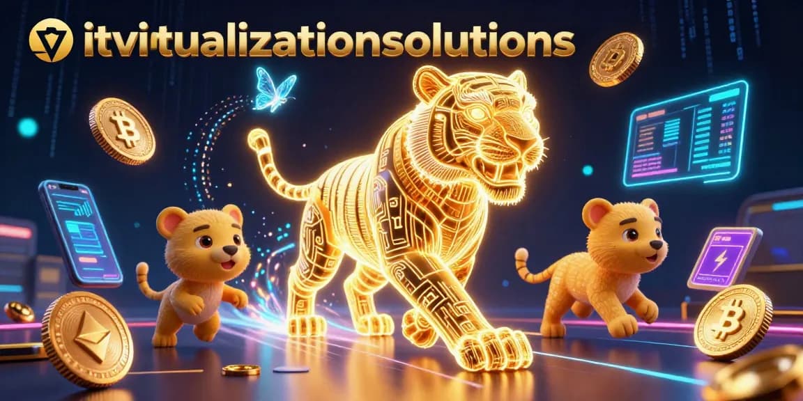 Spin to win with itvirtualizationsolutions in this vibrant and dynamic casino illustration featuring a neon energy tiger and cryptocurrency elements.
