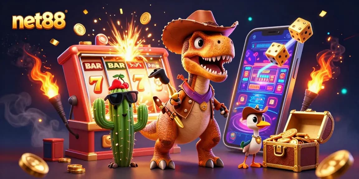 Engage in exciting wins at net88 with a vibrant scene featuring cartoon characters in a bustling casino.