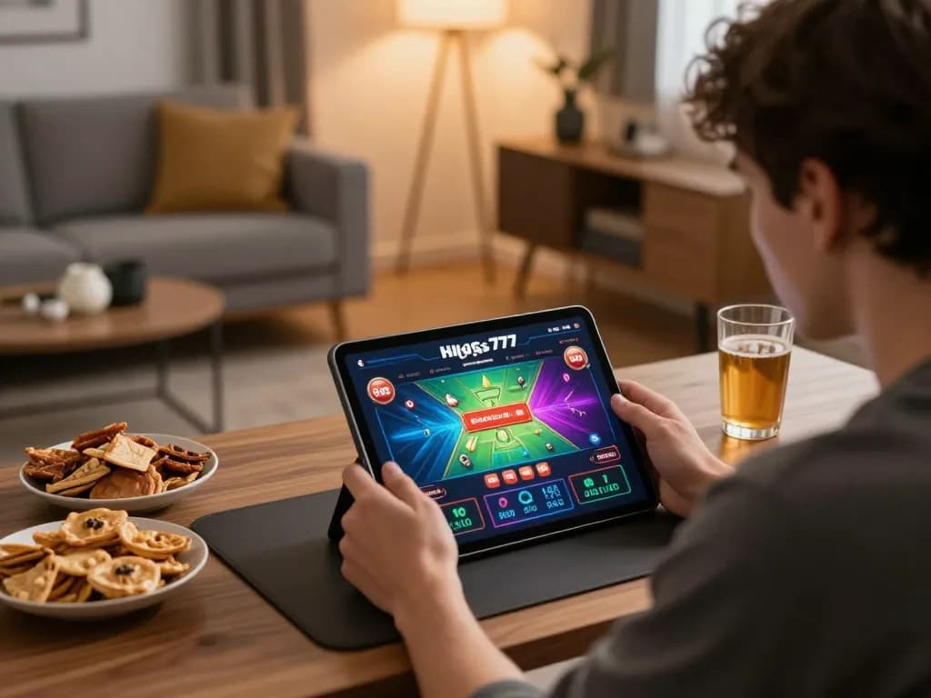 Pemain menikmati permainan online dengan aplikasi higgs777 di rumah, fokus intens dan suasana yang nyaman.