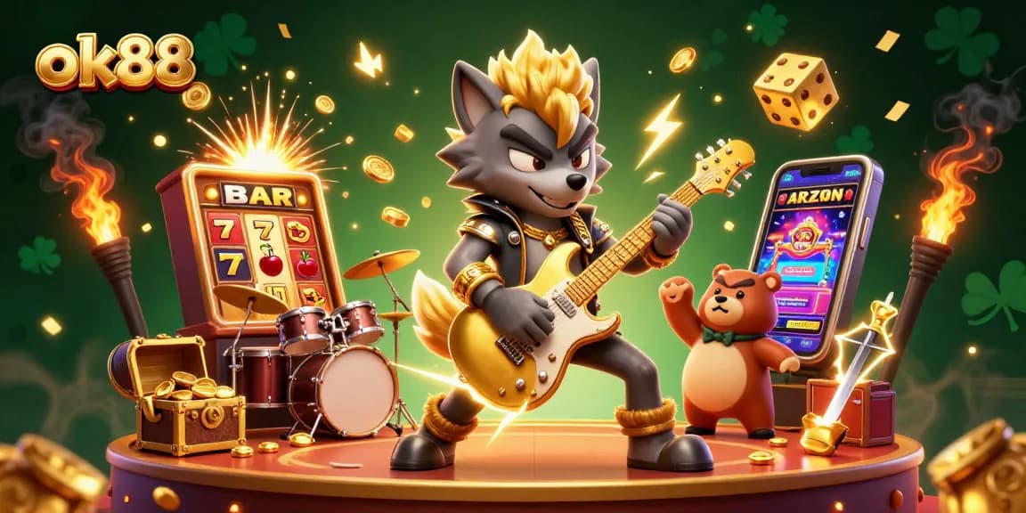Experience the thrill of ok88 as a wolf rock star performs amidst exploding jackpots and vibrant casino action.