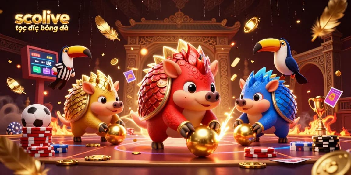 Socolive trực tiếp bóng đá showcases an exciting scene with rival pangolins, golden coins, and dynamic sports elements for an engaging experience.