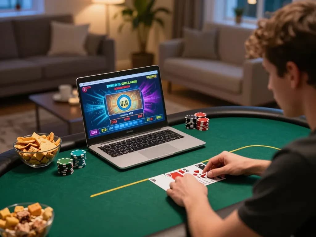 32win player engaging in online poker gameplay at home, showcasing strategic betting and a cozy atmosphere.