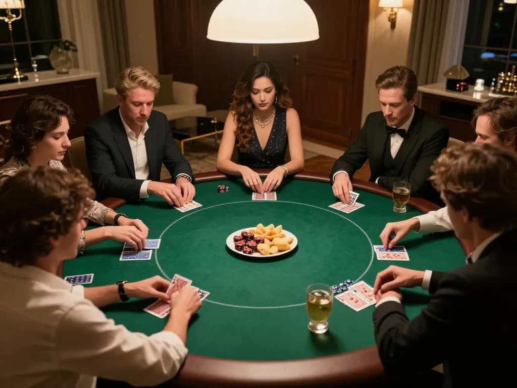 VIPWIN poker players strategizing in a luxurious home setting with warm lighting