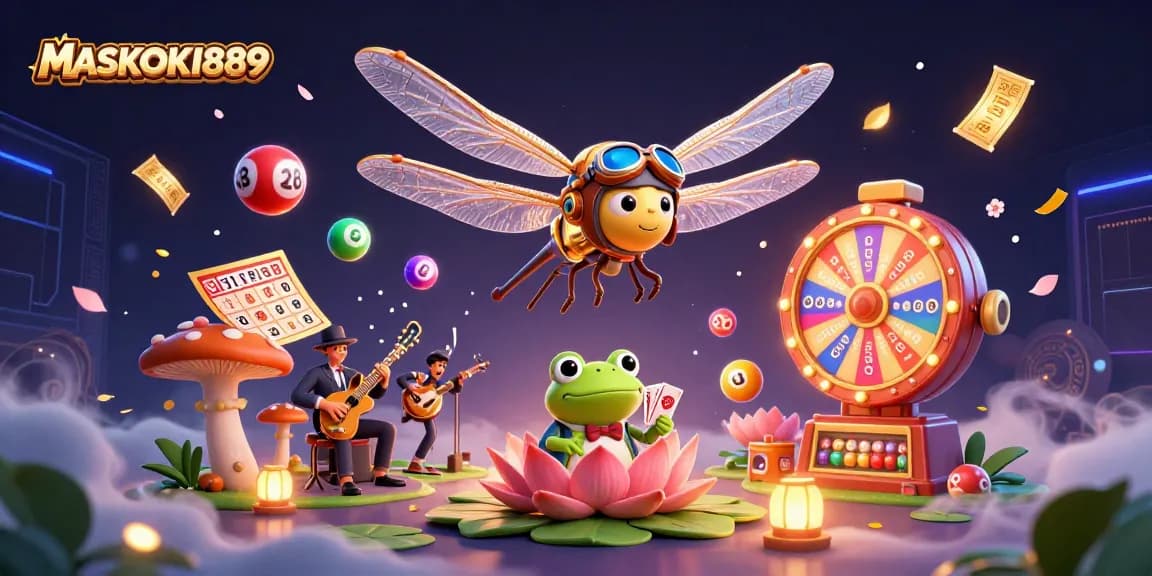 Engage with MASKOKI889's vibrant casino scene featuring characters and dynamic lottery elements.