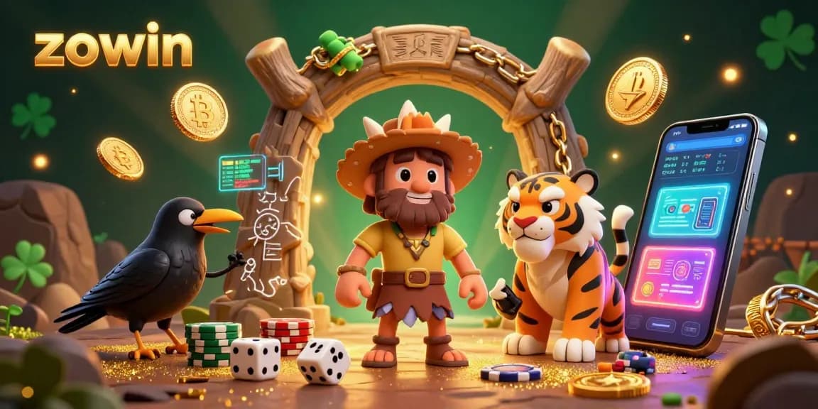 Zowin presents a lively prehistoric casino scene featuring a caveman and sabertooth tiger duo managing games while cryptocurrency motifs decorate the space.