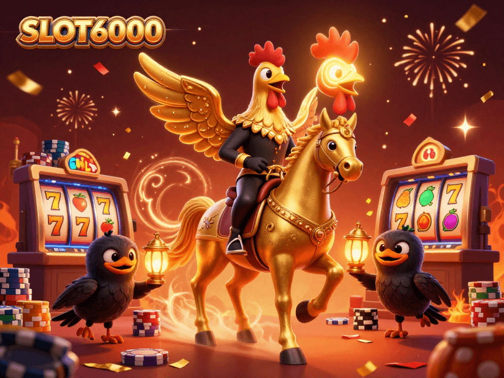 SLOT6000 golden rooster rides through a vibrant casino celebrating winnings and jackpots with festive elements.