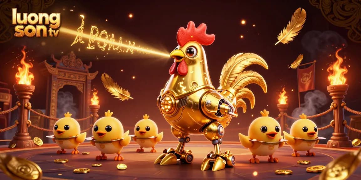 Engage with luong son tv, showcasing a golden rooster robot and baby chick drones in a dynamic casino scene.