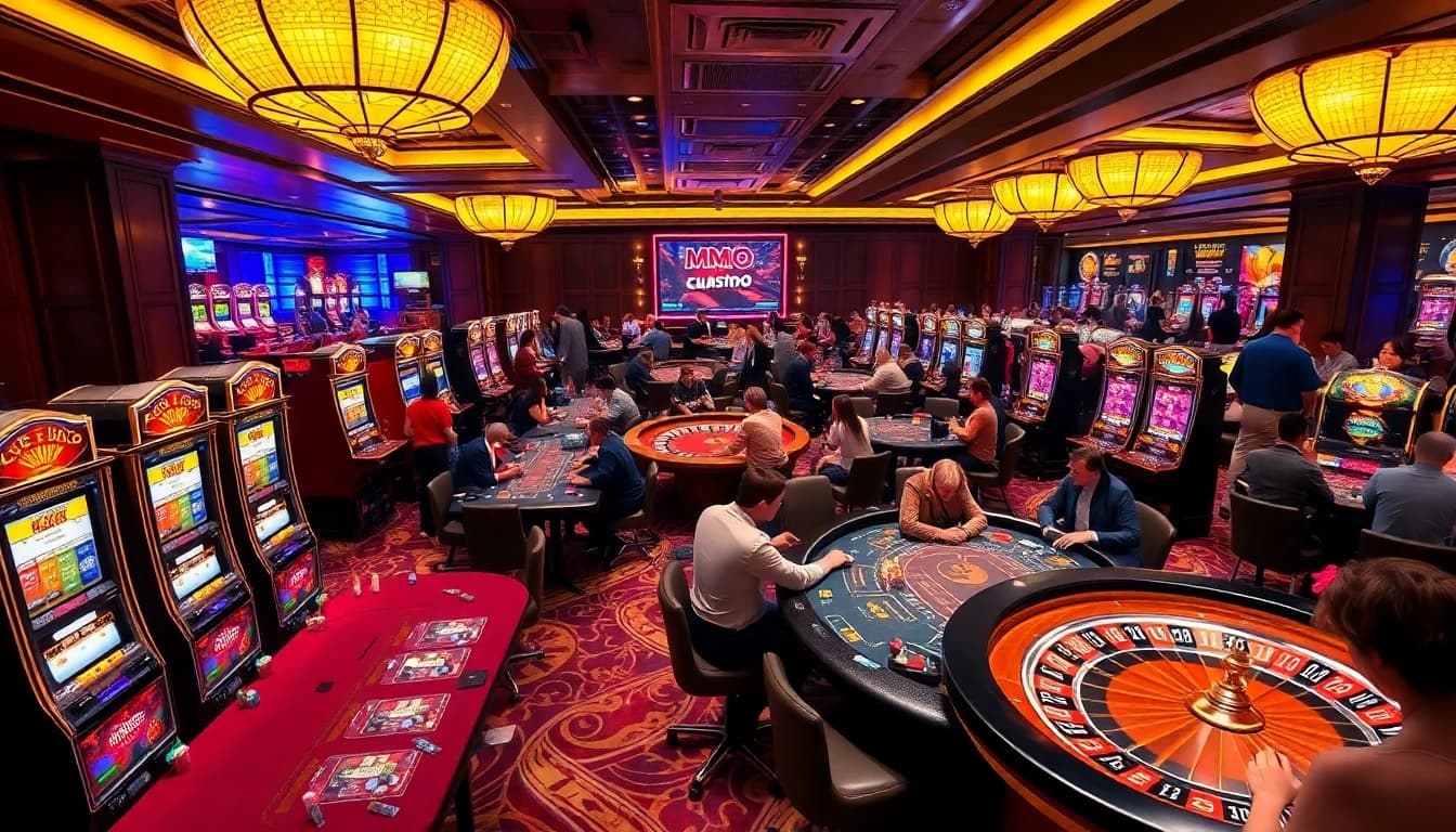 Players enjoying the thrill of mmoo slots and table games in a luxurious casino setting.