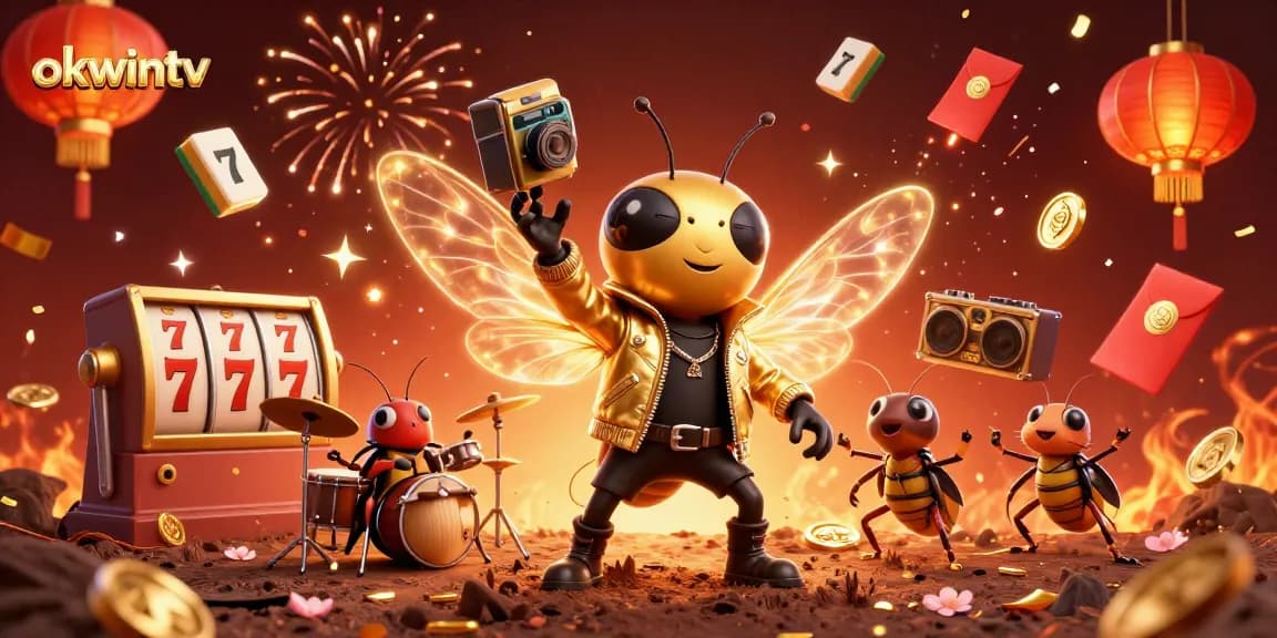 Engage with okwintv's vibrant casino scene featuring a rock star cicada, dynamic slot reels, and festive elements.