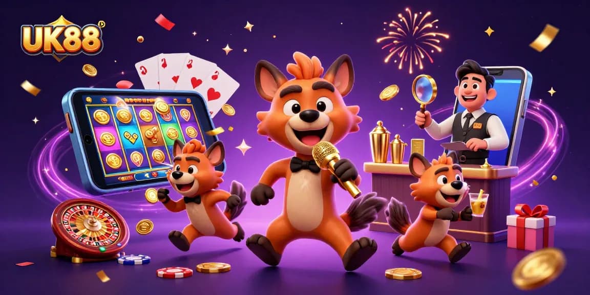 Experience exciting gameplay with UK88 at a vibrant comedy casino featuring animated hyenas.