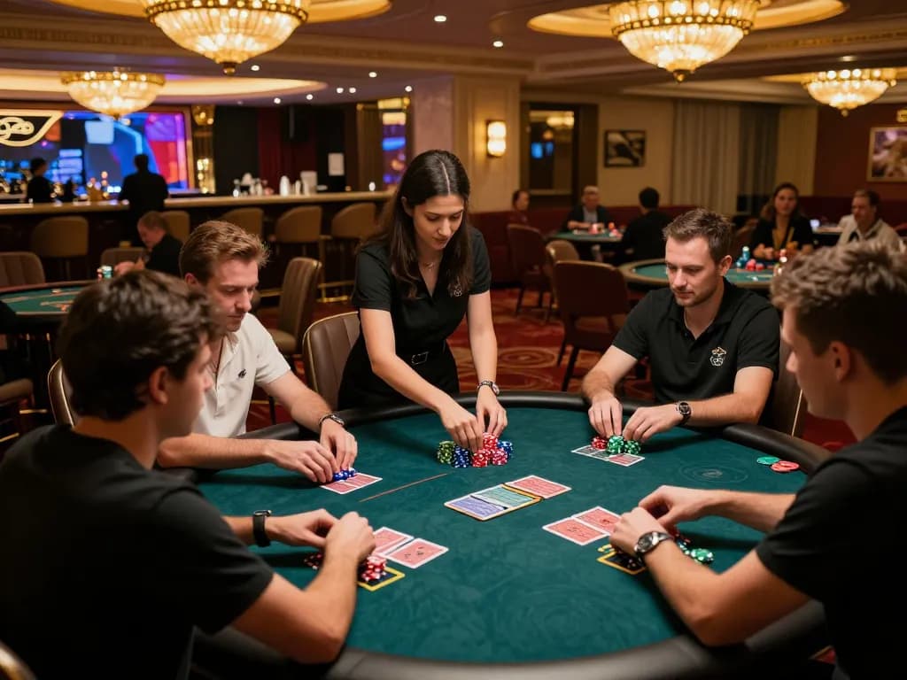 Players at a KJC poker table engage in a high-stakes game, showcasing strategy and excitement.