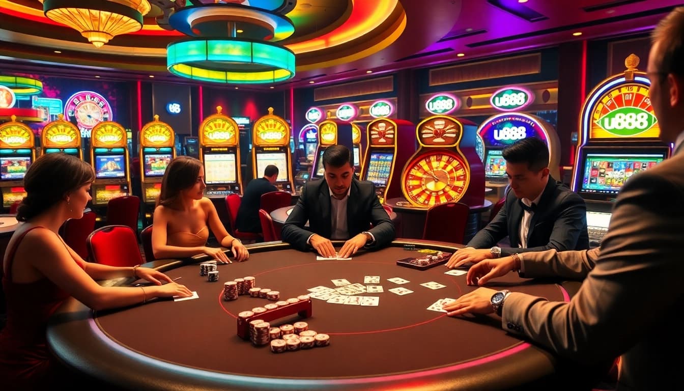 Experience the excitement of casino gaming at u888 with poker tables and vibrant slot machines.