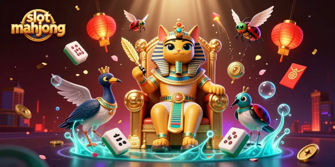 Engage with slot mahjong as pharaoh cat and ibis enjoy floating tiles, lanterns, and gold treasures in vibrant casino scene.