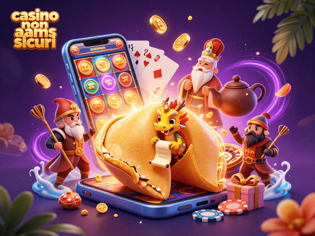 Immagine di un casino non AAMS sicuri con un grande biscotto della fortuna e un drago saggio.