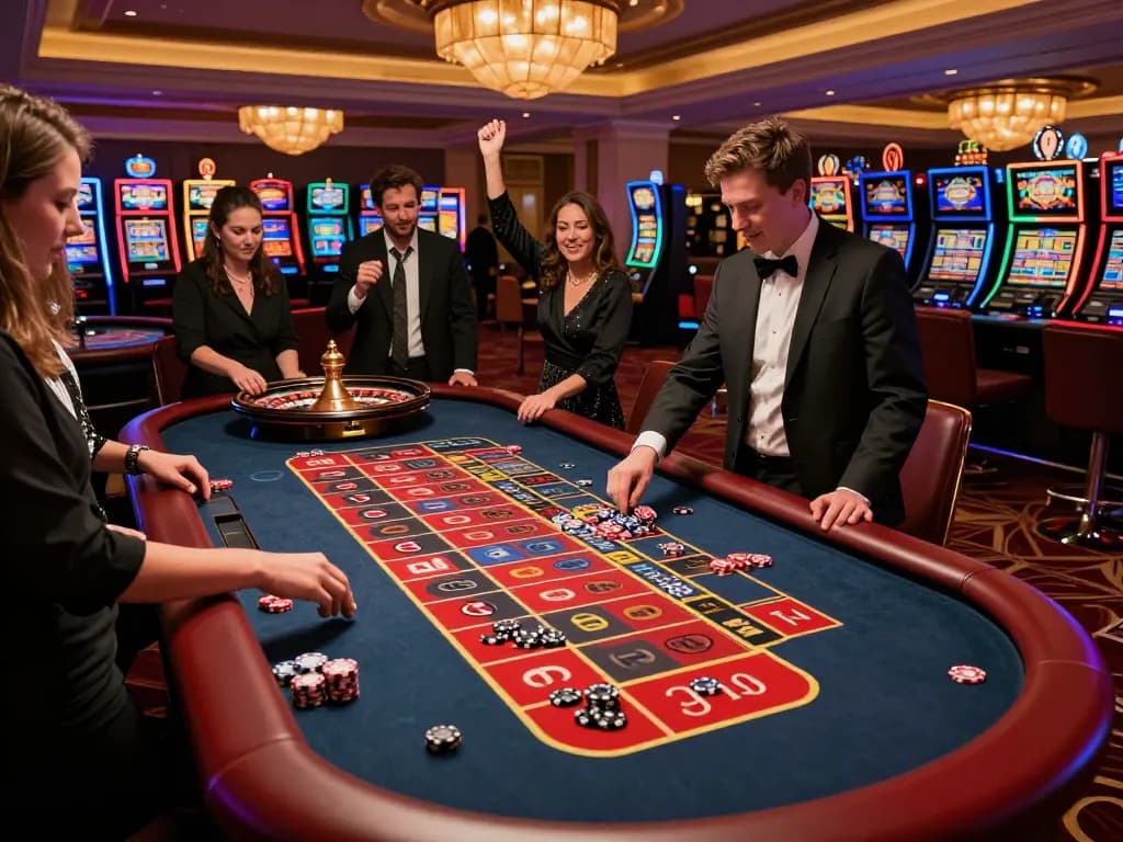 Experience an exciting roulette game at https://kp88a.com/, with players and vibrant chips on the table