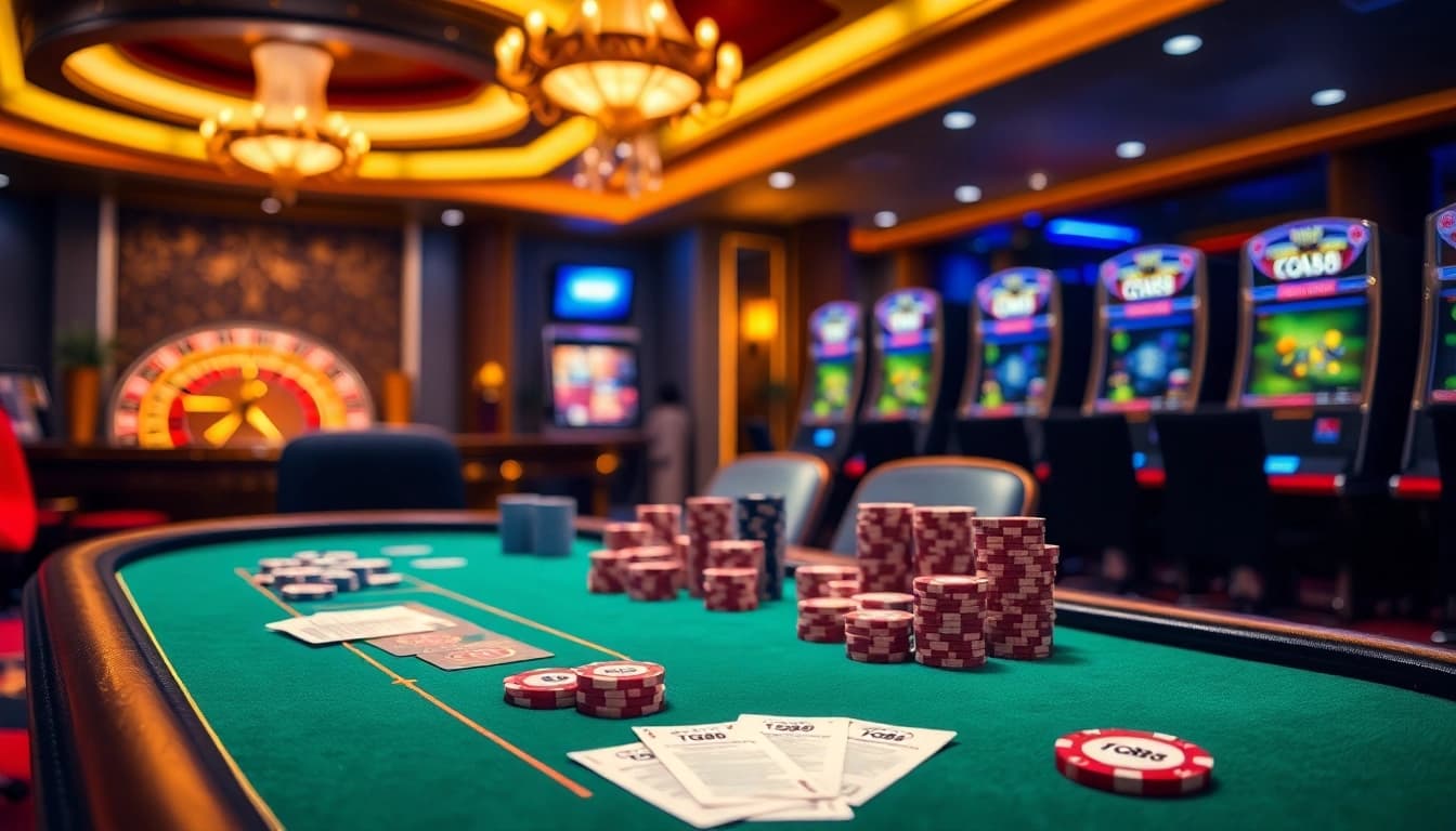 Experience thrilling moments at tg88 casino with luxury gaming tables and vibrant slot machines.