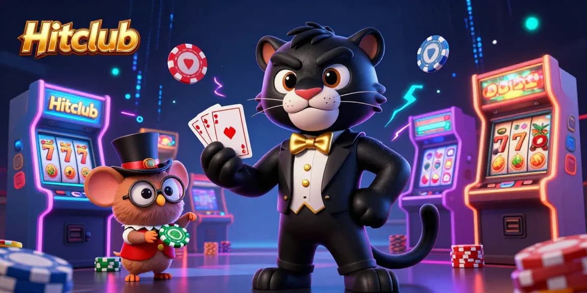 Hitclub casino scene featuring a stylish panther, an owl with poker chips, and a lucky mouse amidst vibrant slot game elements.