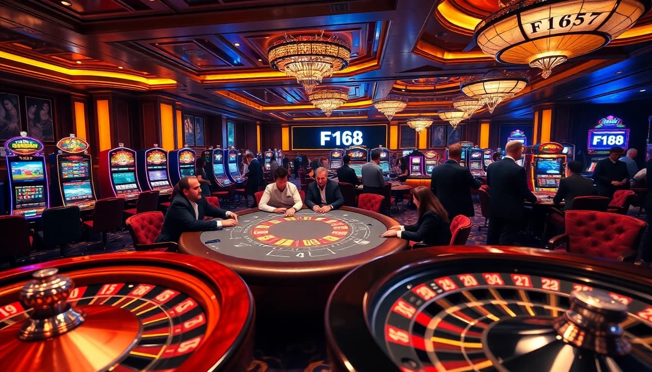 Experience excitement at F168's high-stakes poker table surrounded by vibrant slot machines.