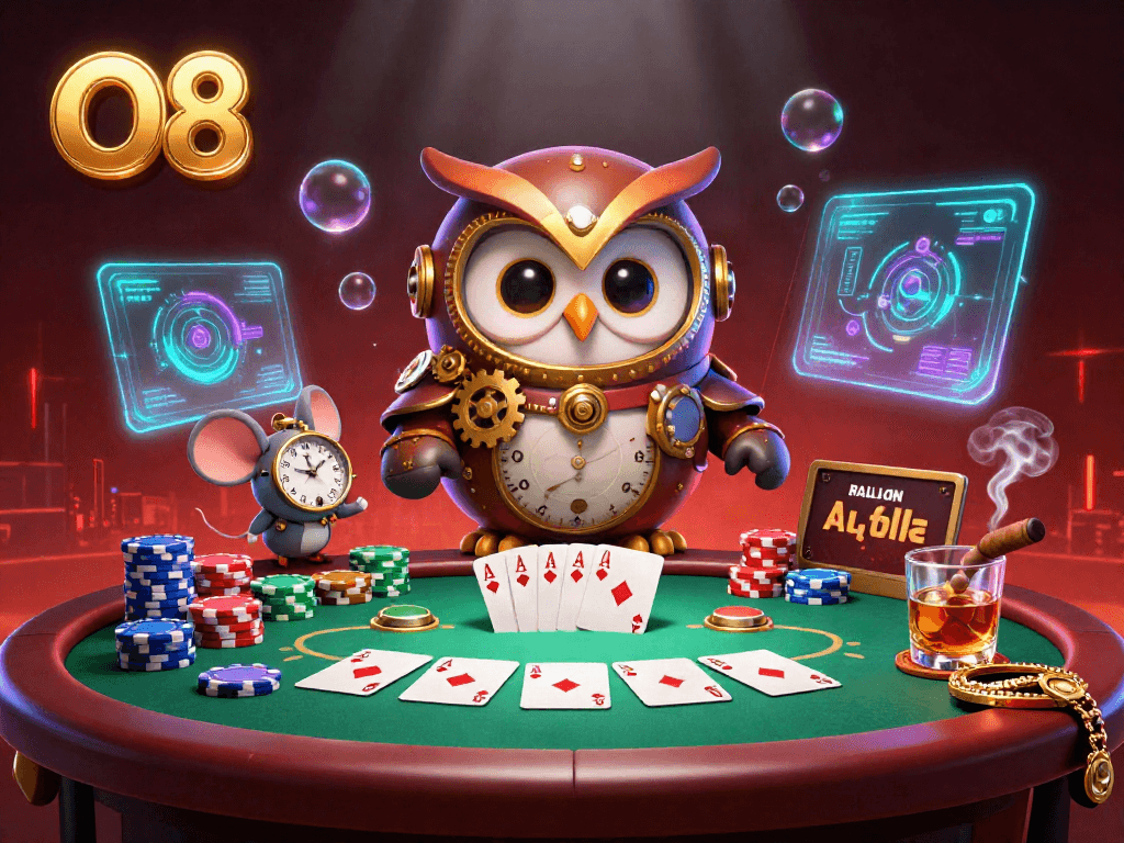 Experience thrilling poker action with O8’s stunning game illustration featuring dynamic characters and vibrant table elements.