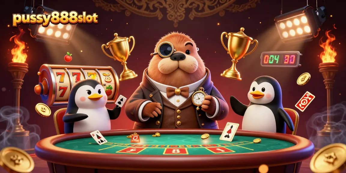 Experience the excitement of pussy888slot with a vibrant 3D illustration of a walrus, penguin dealer, and pufferfish at a casino table.