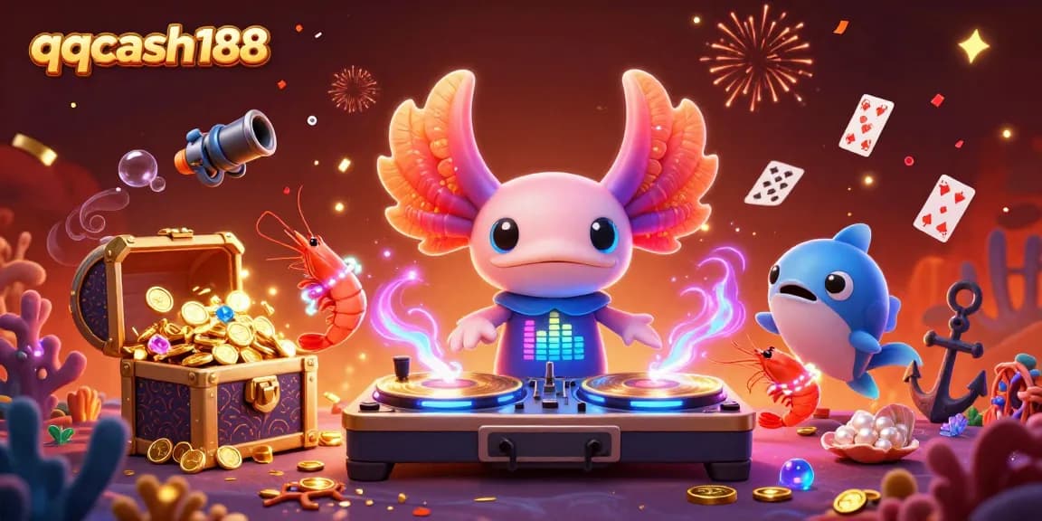 Engage with qqcash188's vibrant casino atmosphere in this dynamic 3D digital illustration.