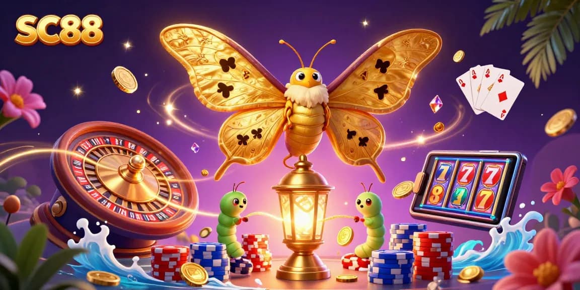 Engage in captivating casino experiences with SC88, featuring a moth and vibrant gold elements.