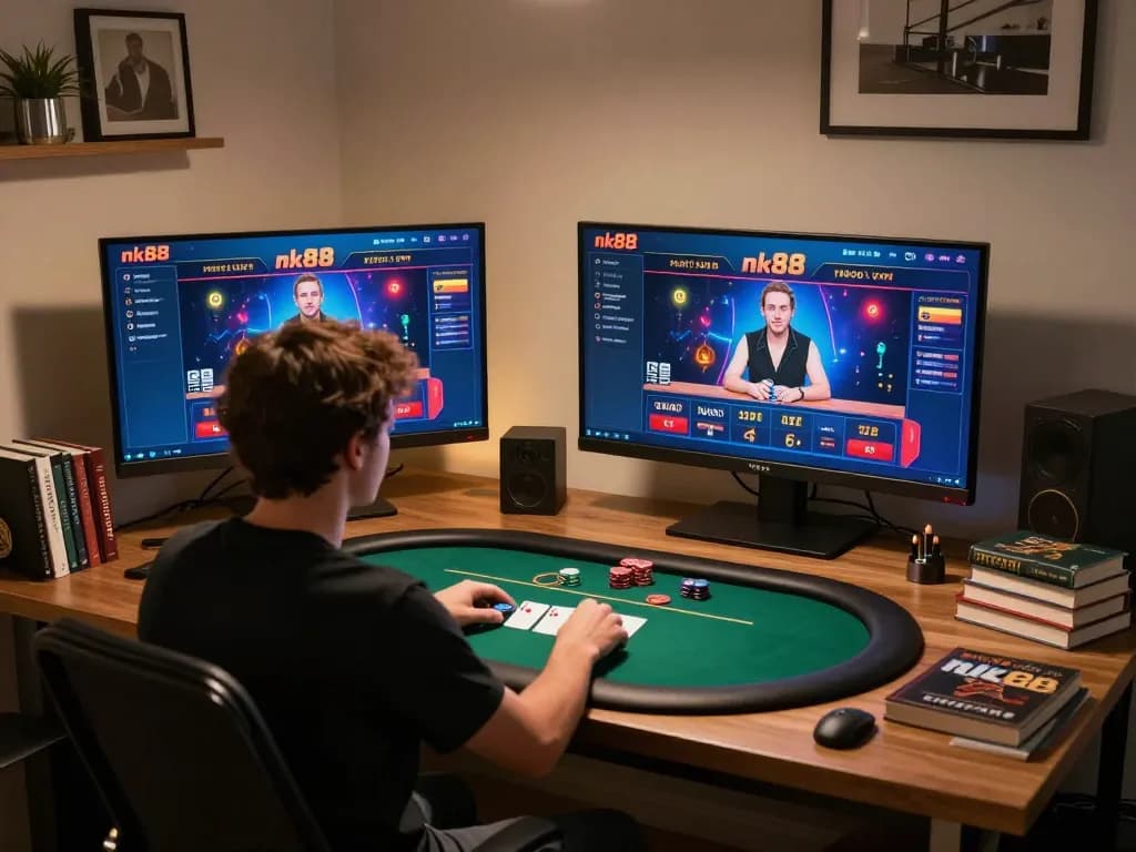 Engaging in high-stakes poker at nk88 with strategic decision-making in a cozy home office