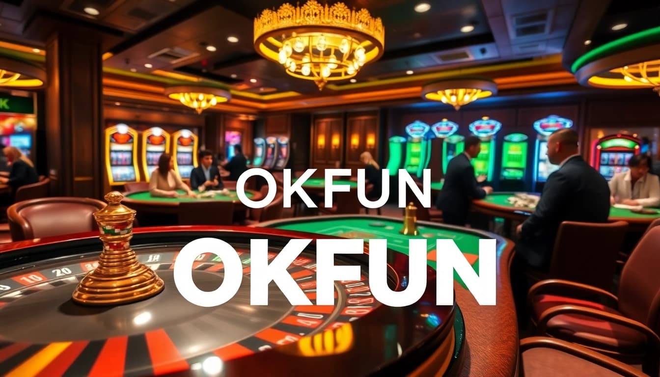 Enjoying an exciting casino experience at OKFUN with poker tables and vibrant slot machines.