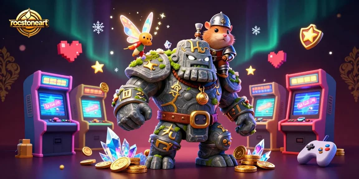 Join the adventure with rocstoneart in a colorful fantasy gaming scene featuring unique characters and casino elements.