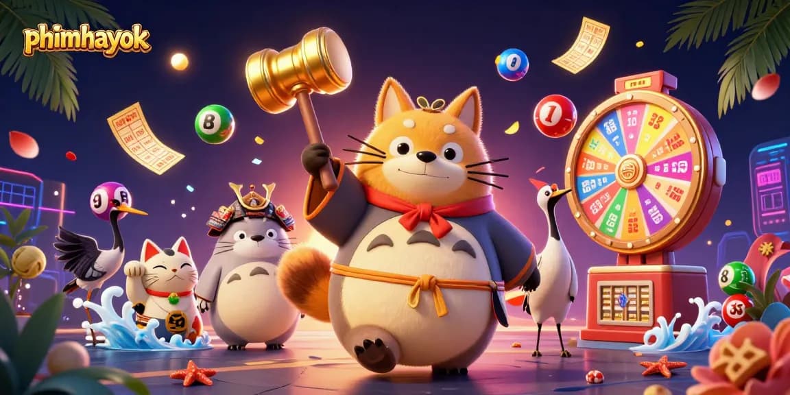 Engage with thrilling games on phimhayok as colorful lottery balls bounce around a cheerful tanuki and friends.
