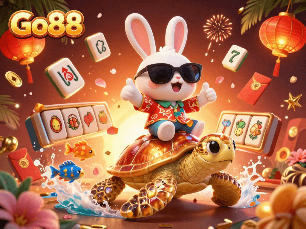 Go88 features a lucky rabbit and golden turtle in a vibrant casino-themed illustration.