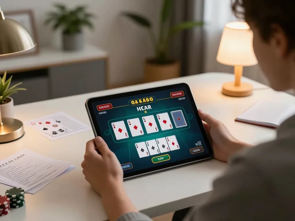 Play poker with ww88 on a tablet in an inviting home setup, showcasing strategic gameplay.