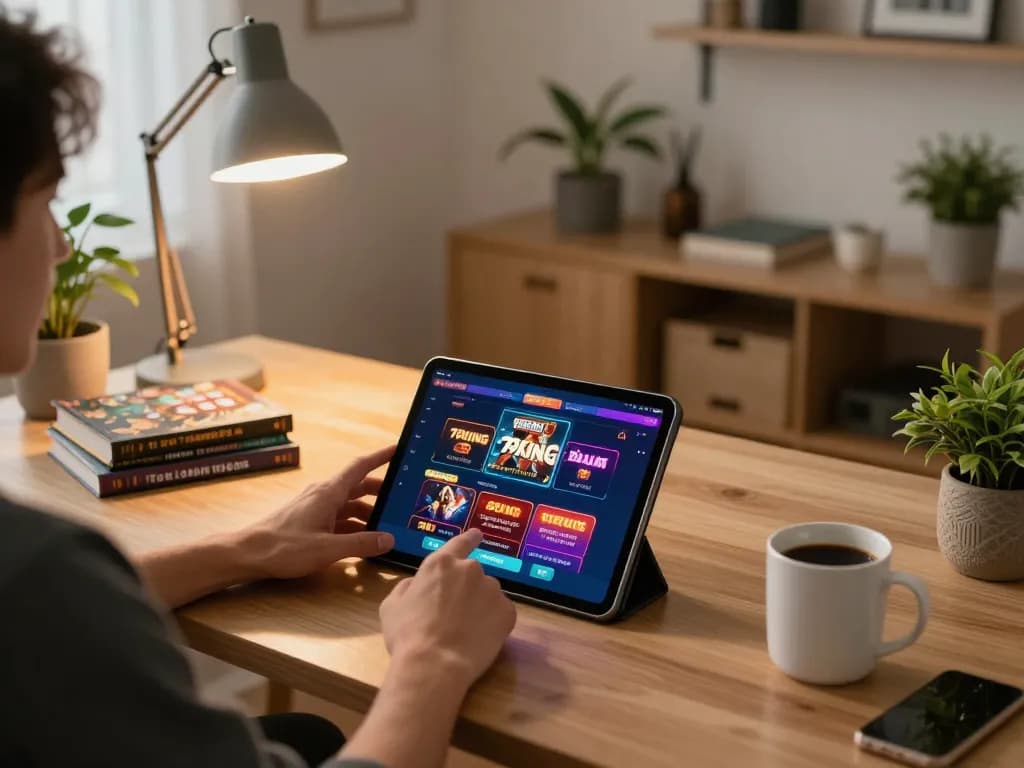 Engaging with 79king casino app on tablet in a cozy home office setting.