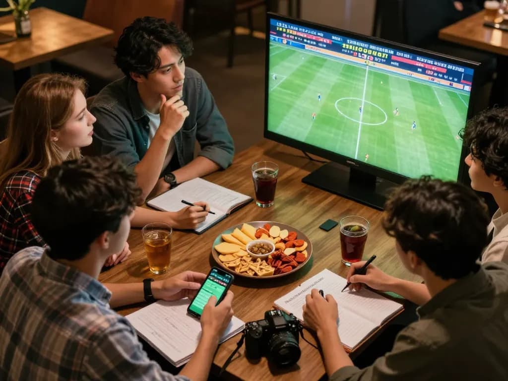 Excited friends placing bets using a sports betting app, discussing tỷ lệ nhà cái during a football match.