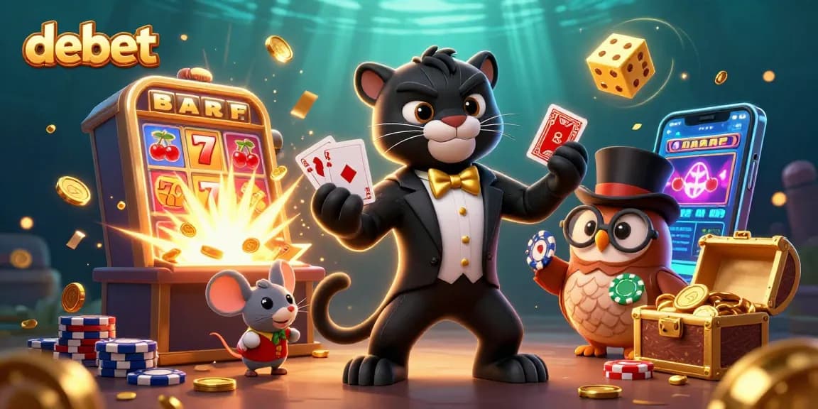 Join the fun at debet with a vibrant casino scene featuring a cartoon panther, owl, and mouse!