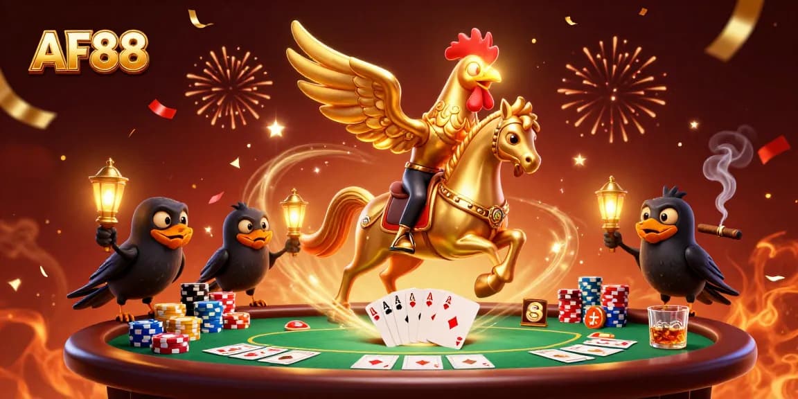 Engage AF88 players at a thrilling casino with a golden rooster icon and dramatic card action.
