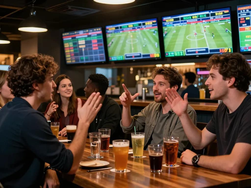 Engaged friends at a sports bar analyzing live betting odds from https://daga88.free/ with screens showing real-time game scores.
