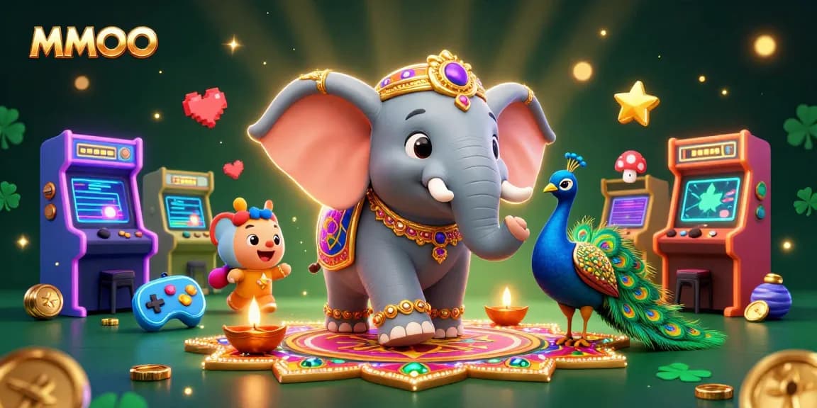Win big with MMOO as a 3D elephant and peacock celebrate a colorful casino game environment.
