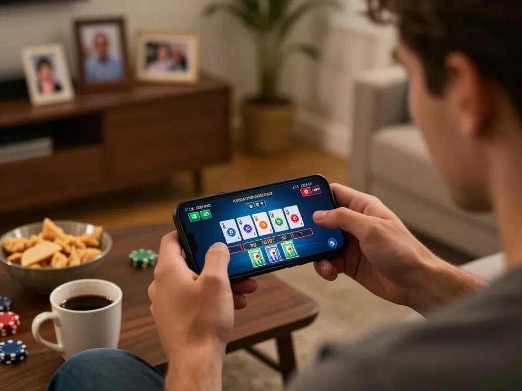 Player strategically engaging in online blackjack at home using a smartphone, showcasing 77WIN game interface.