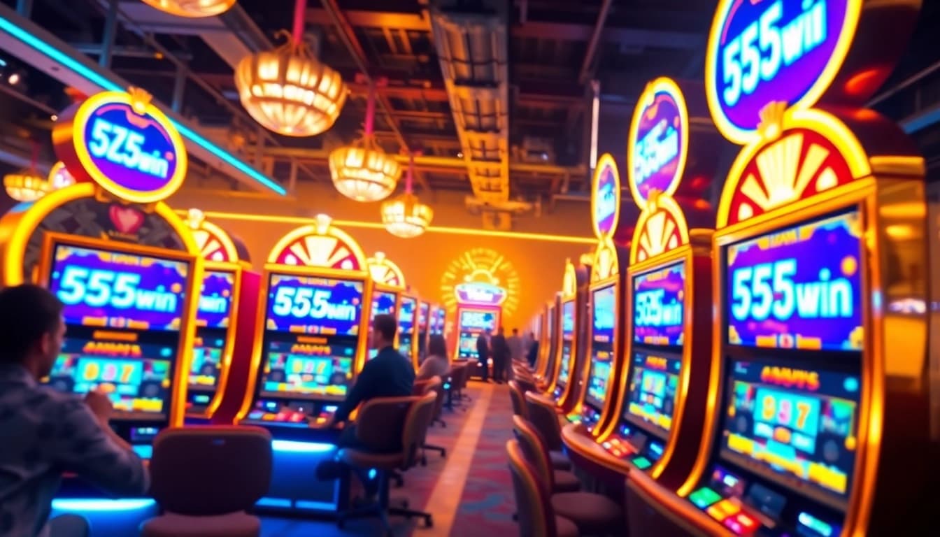 A dynamic gaming scene featuring 555win slot machines full of neon excitement and players engaged in action.